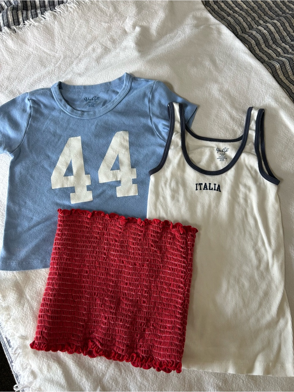 John Galt Bundle light Blue '44' Graphic Tee, White Italia Tank & Red Tube Top